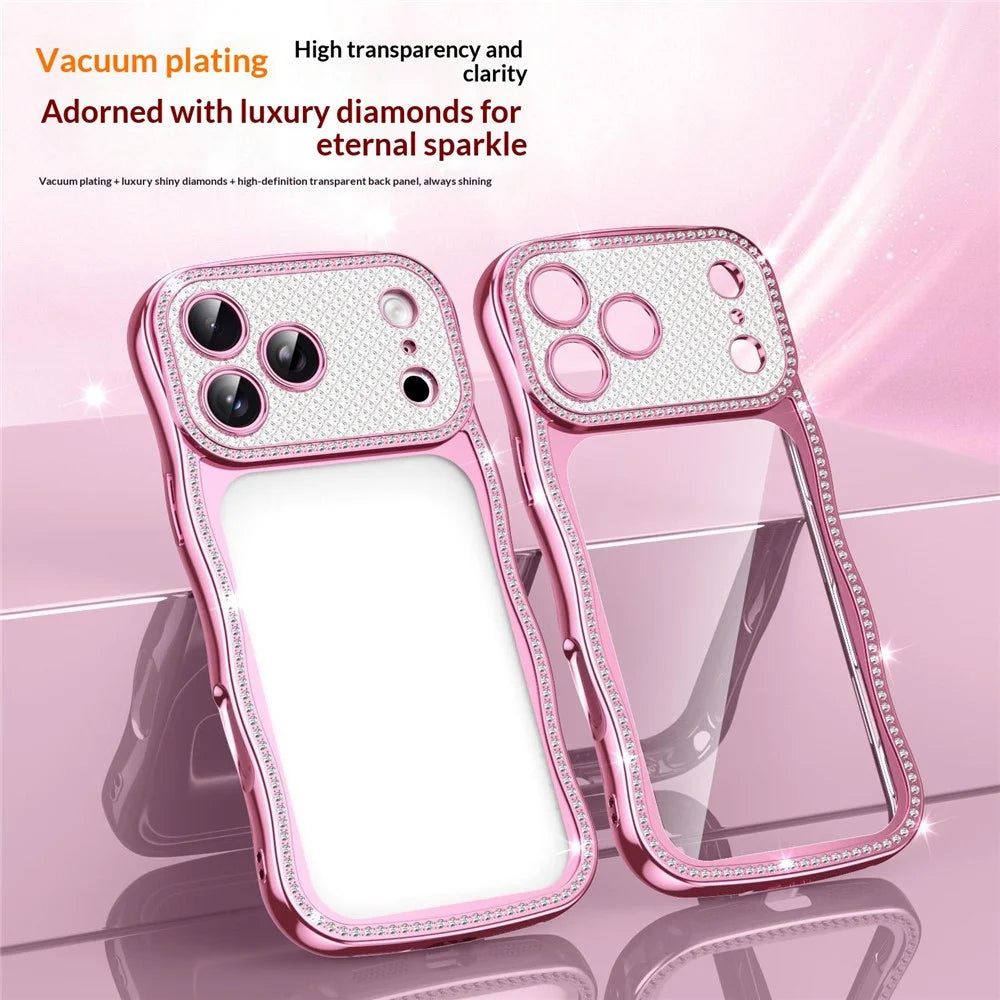 For iPhone  18 Pro / 17  Pro Case Electroplated Wave Frame Rhinestone Decor TPU Phone Cover - Pink - 3