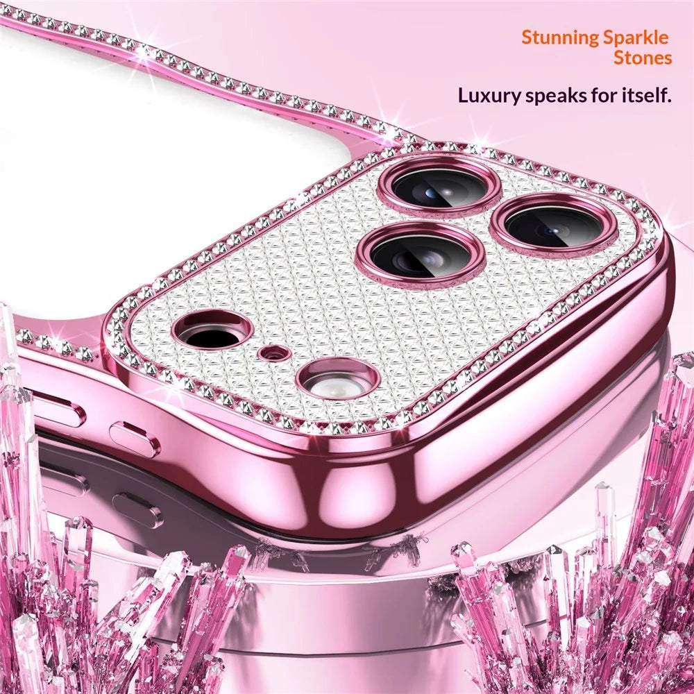 For iPhone  18 Pro / 17  Pro Case Electroplated Wave Frame Rhinestone Decor TPU Phone Cover - Pink - 4