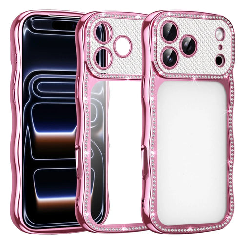 For iPhone 17 Pro Max Case Electroplated Wave Frame Rhinestone Decor TPU Phone Cover - Pink - 1