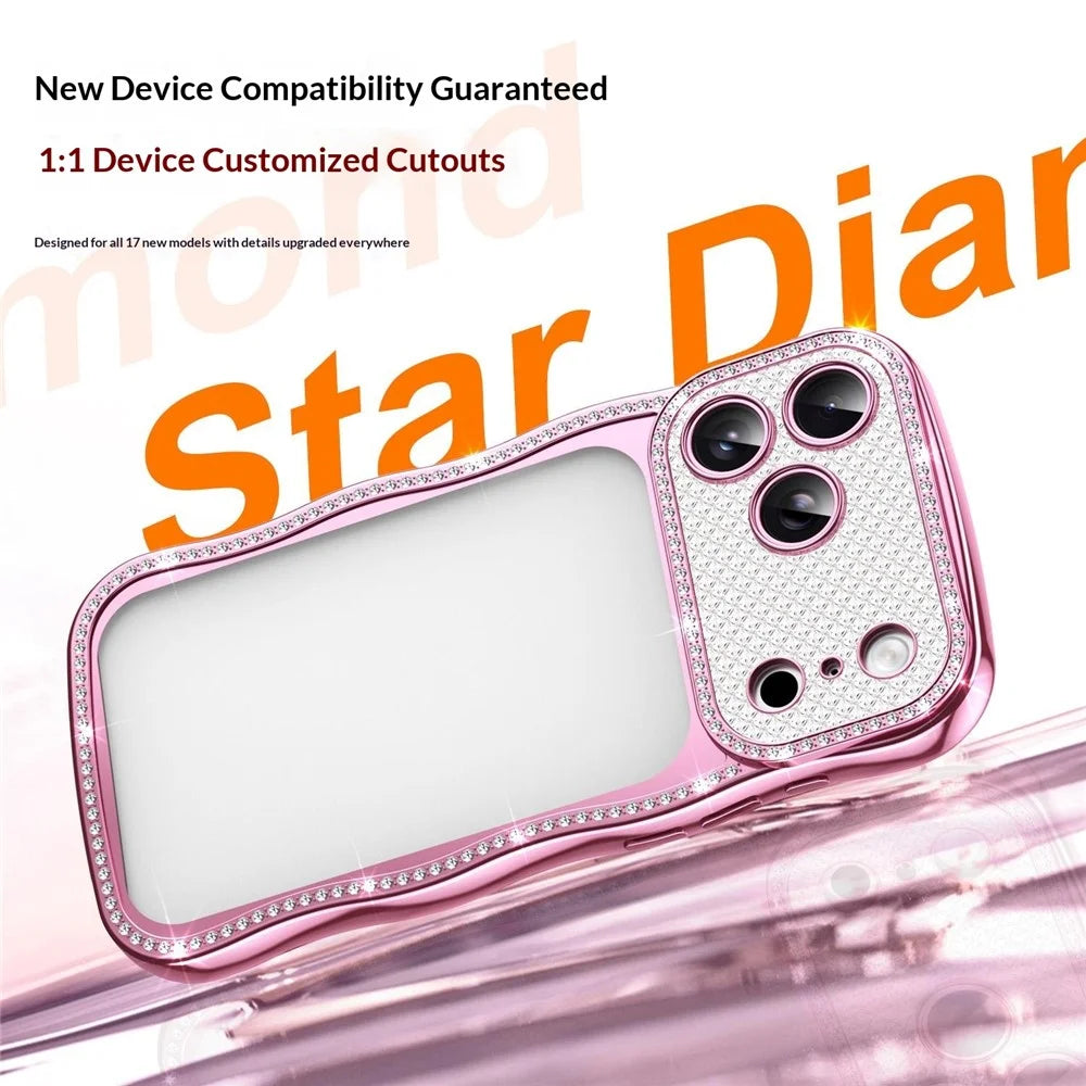 For iPhone 17 Pro Max Case Electroplated Wave Frame Rhinestone Decor TPU Phone Cover - Pink - 2