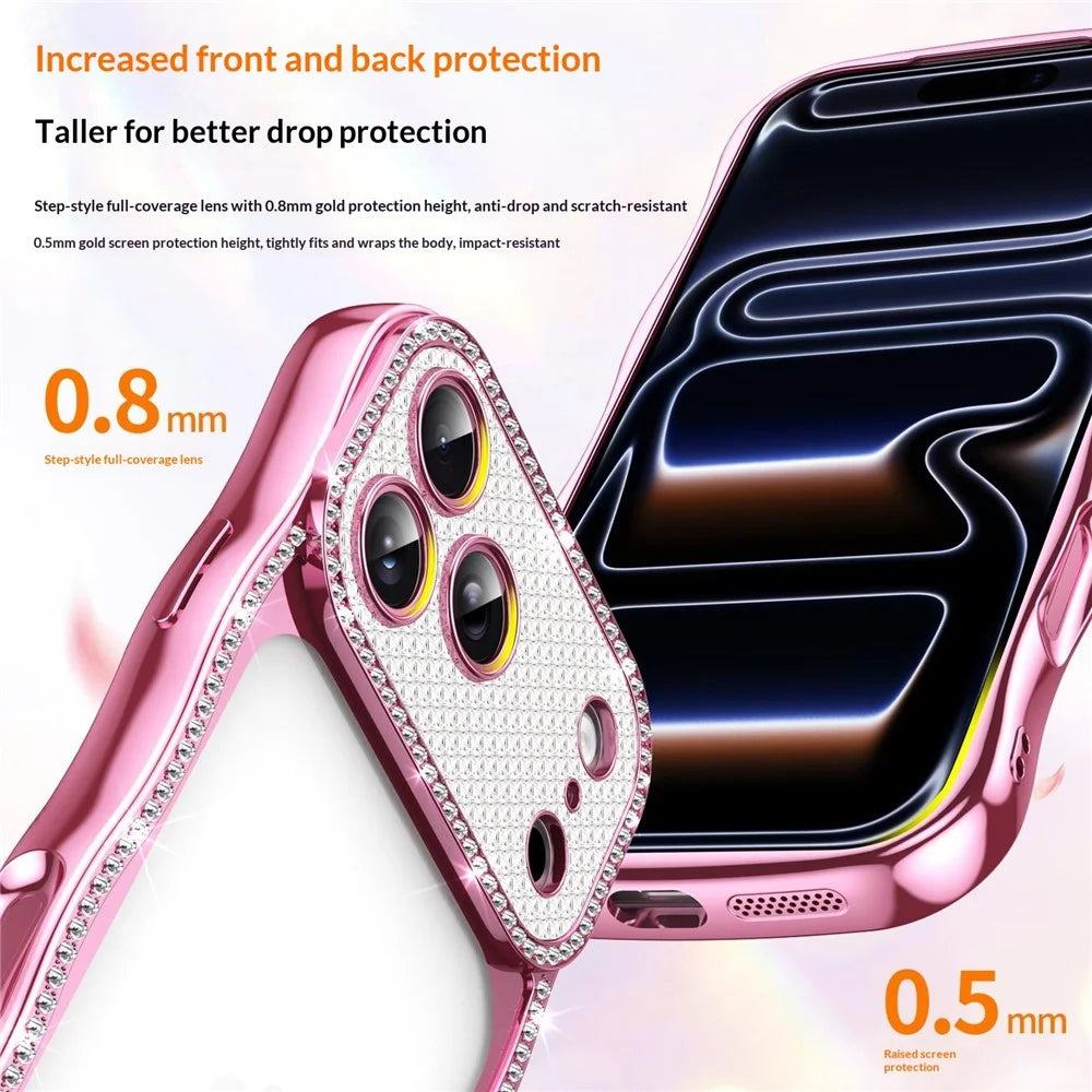 For iPhone 17 Pro Max Case Electroplated Wave Frame Rhinestone Decor TPU Phone Cover - Pink - 5