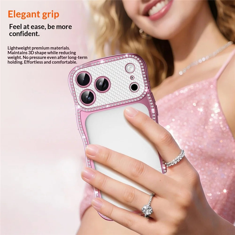 For iPhone 17 Pro Max Case Electroplated Wave Frame Rhinestone Decor TPU Phone Cover - Pink - 6