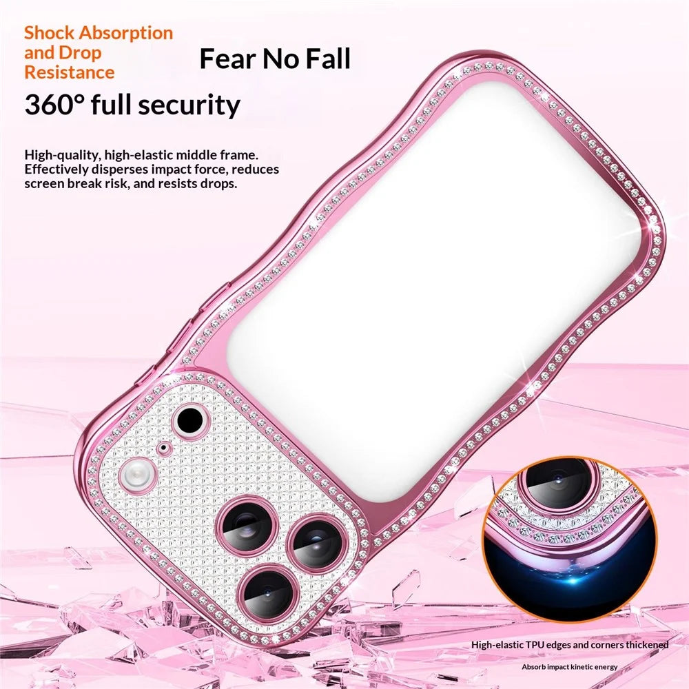 For iPhone 17 Pro Max Case Electroplated Wave Frame Rhinestone Decor TPU Phone Cover - Pink - 7