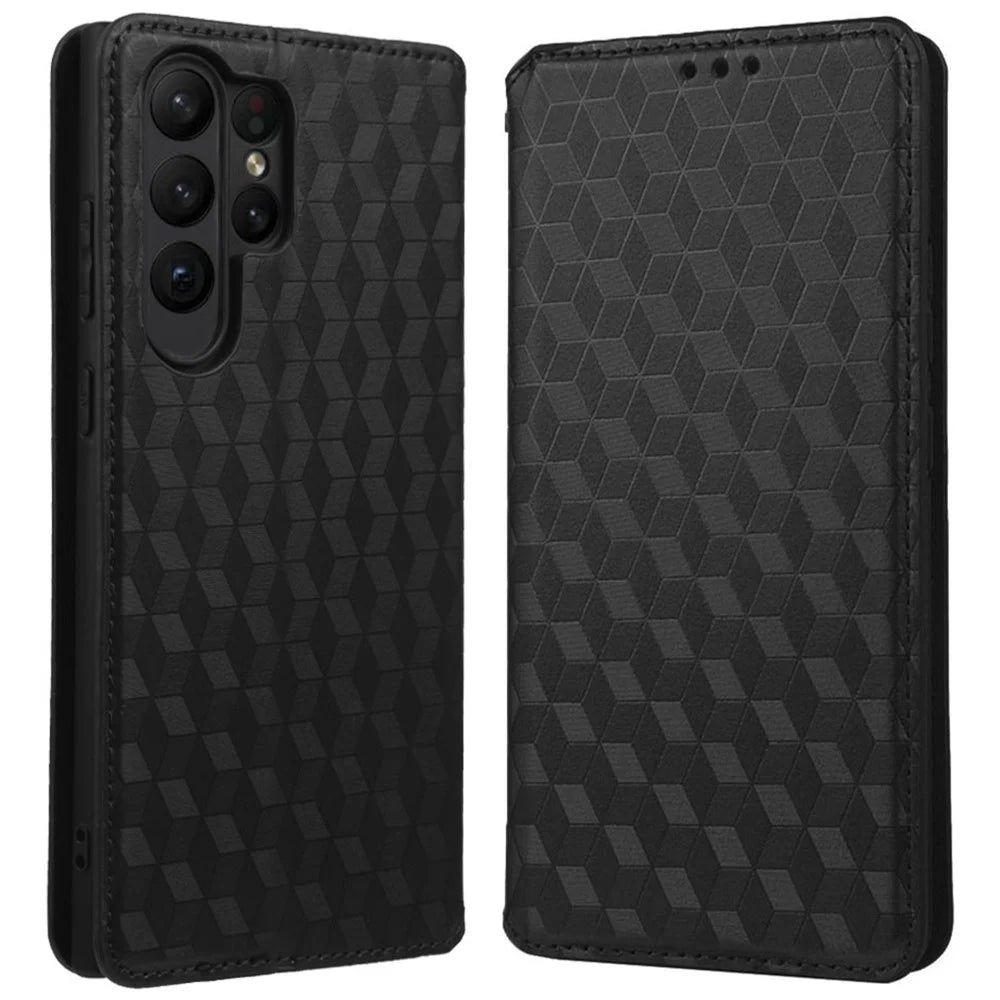 For Samsung Galaxy S23 Ultra Wallet Design Rhombus Pattern Imprinted Magnetic PU Leather Case Stand Shock Absorption Protective Phone Cover - Black - 1