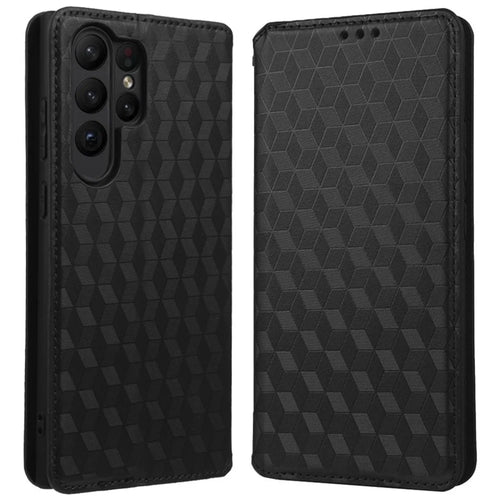 For Samsung Galaxy S23 Ultra Wallet Design Rhombus Pattern Imprinted Magnetic PU Leather Case Stand Shock Absorption Protective Phone Cover - Black - 1
