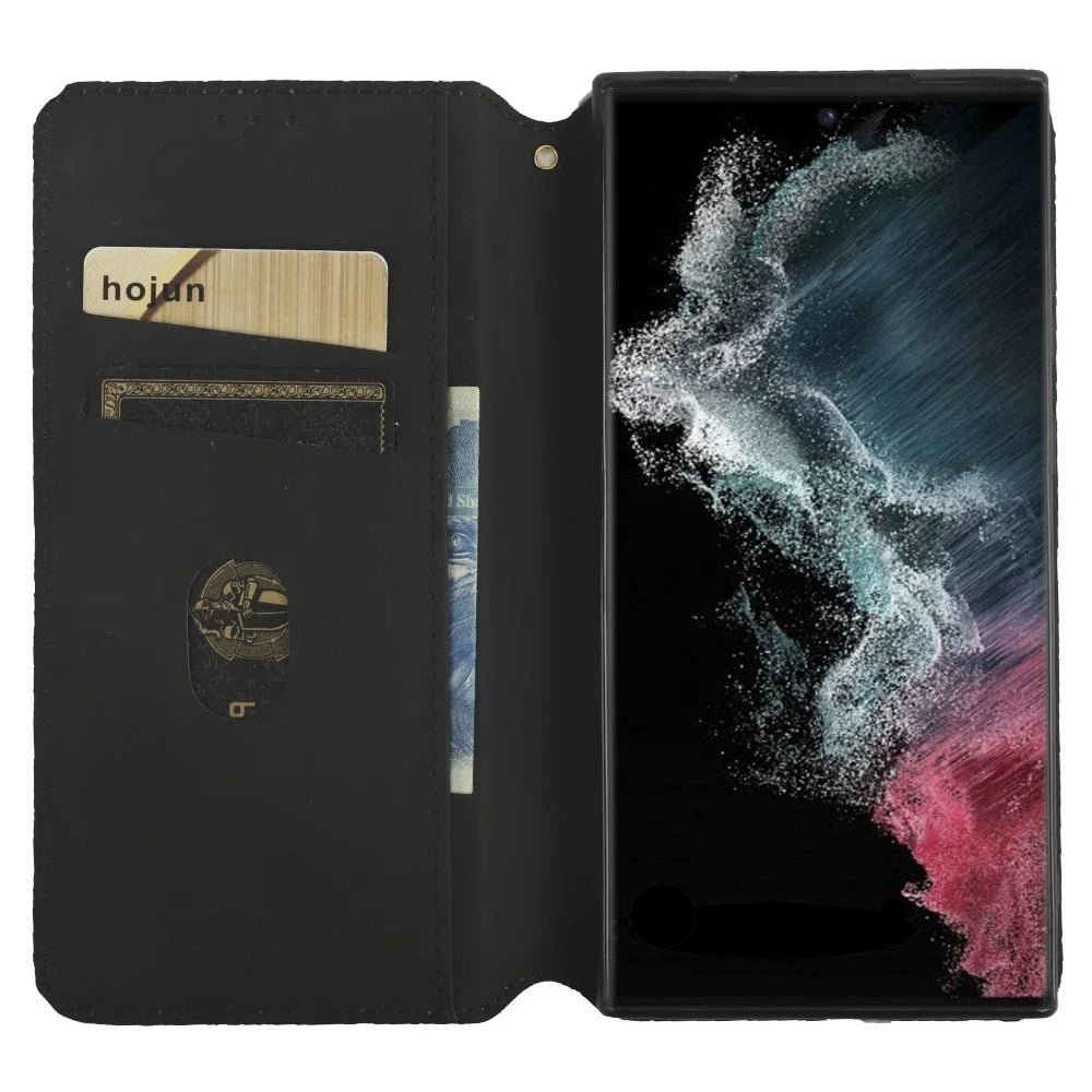 For Samsung Galaxy S23 Ultra Wallet Design Rhombus Pattern Imprinted Magnetic PU Leather Case Stand Shock Absorption Protective Phone Cover - Black - 2