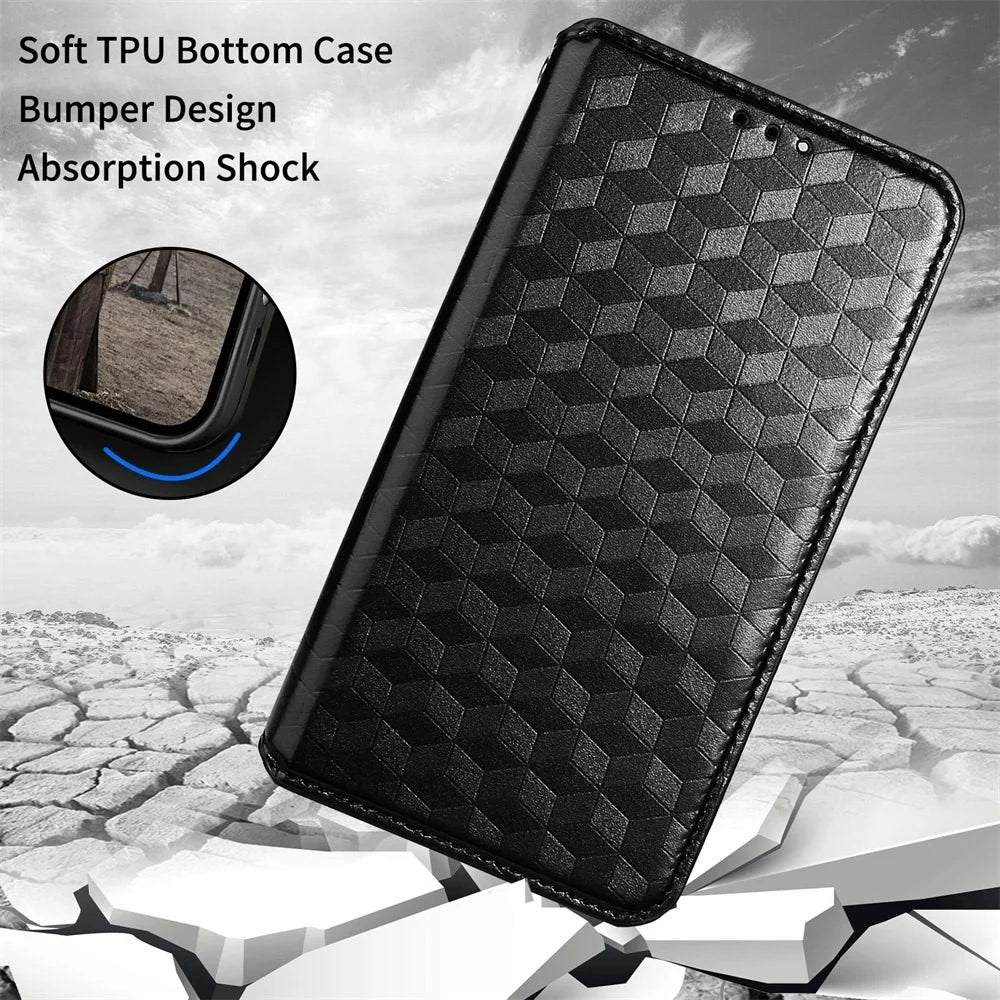 For Samsung Galaxy S23 Ultra Wallet Design Rhombus Pattern Imprinted Magnetic PU Leather Case Stand Shock Absorption Protective Phone Cover - Black - 4