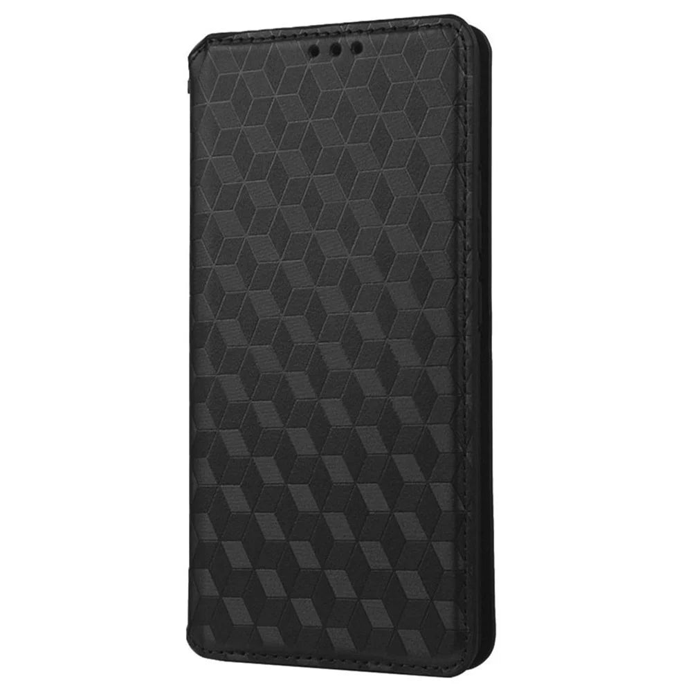 For Samsung Galaxy S23 Ultra Wallet Design Rhombus Pattern Imprinted Magnetic PU Leather Case Stand Shock Absorption Protective Phone Cover - Black - 5