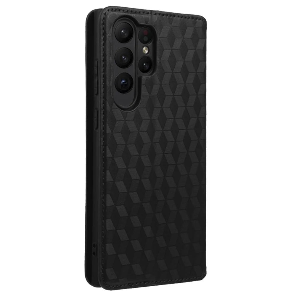 For Samsung Galaxy S23 Ultra Wallet Design Rhombus Pattern Imprinted Magnetic PU Leather Case Stand Shock Absorption Protective Phone Cover - Black - 6