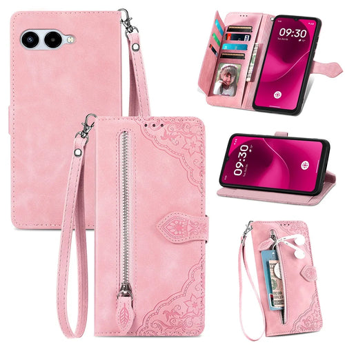 For T-Mobile REVVL 8 Zipper Wallet Case with Strap Flower Imprint PU Leather Phone Cover - Pink - 1