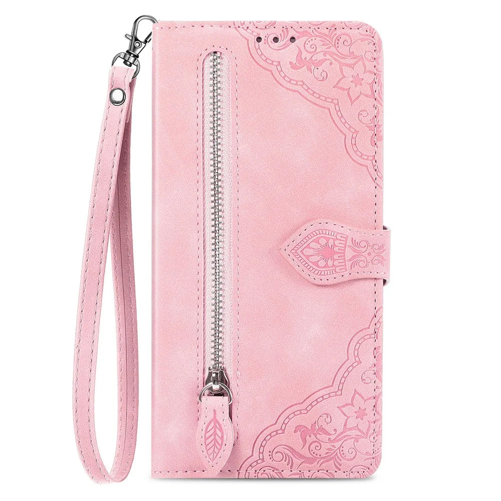 For T-Mobile REVVL 8 Zipper Wallet Case with Strap Flower Imprint PU Leather Phone Cover - Pink - 7