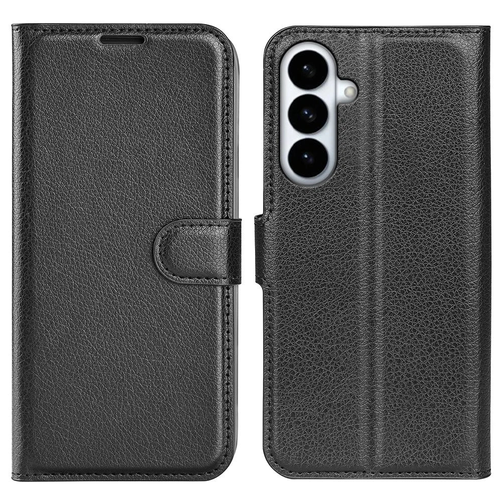 For Samsung Galaxy S26+ Case Wallet Stand Litchi Texture Shockproof Leather Phone Cover - Black - 1