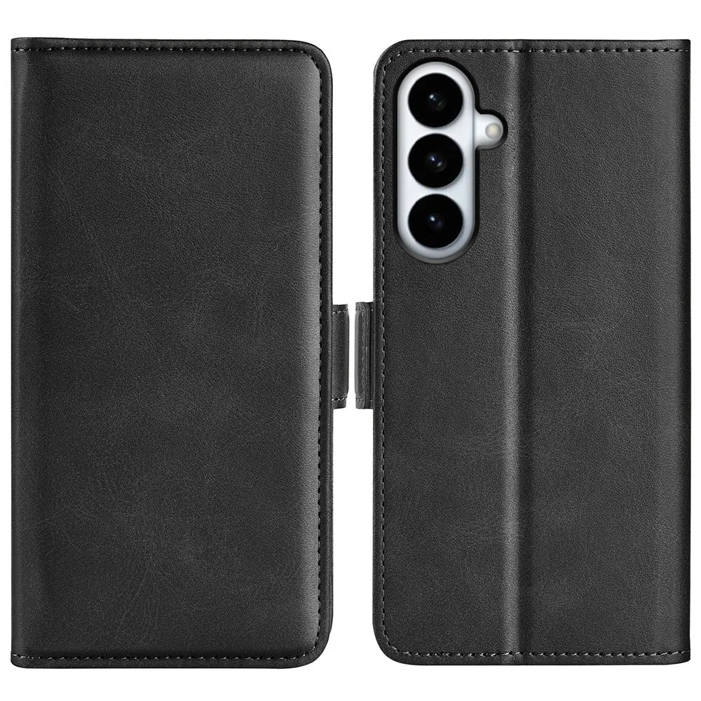 For Samsung Galaxy S26+ Case Calf Texture Leather Wallet Phone Cover - Black - 1