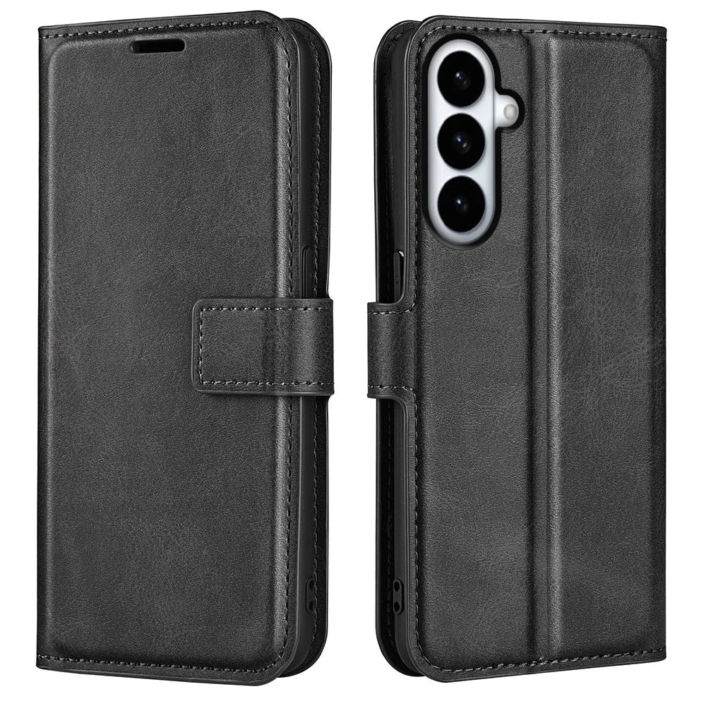 For Samsung Galaxy S26+ Stand Case Anti-Scratch Calf Texture Leather Phone Cover - Black - 1