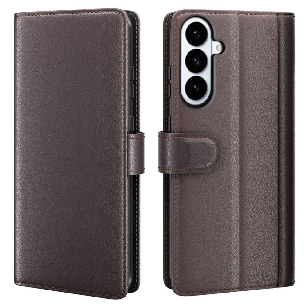 For Samsung Galaxy S26+ Case Genuine Split Leather Phone Cover with Wallet Stand - Brown - 1