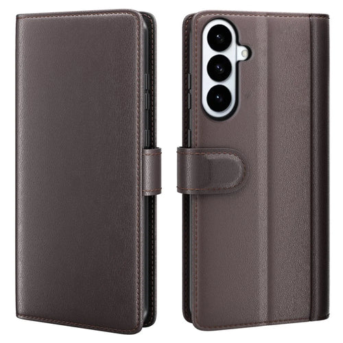 For Samsung Galaxy S26+ Case Genuine Split Leather Phone Cover with Wallet Stand - Brown - 1