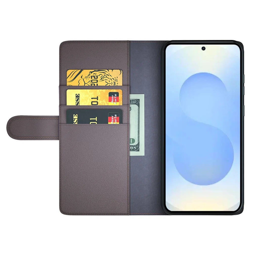 For Samsung Galaxy S26+ Case Genuine Split Leather Phone Cover with Wallet Stand - Brown - 2