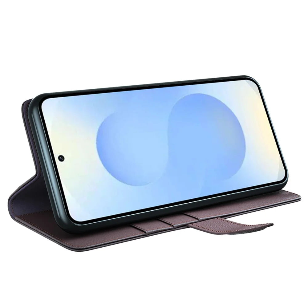 For Samsung Galaxy S26+ Case Genuine Split Leather Phone Cover with Wallet Stand - Brown - 3