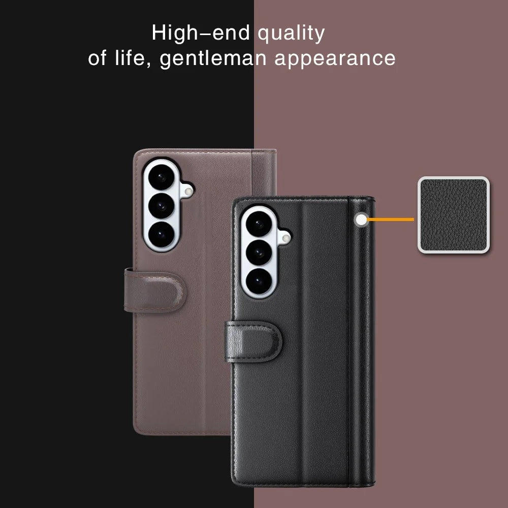 For Samsung Galaxy S26+ Case Genuine Split Leather Phone Cover with Wallet Stand - Brown - 4