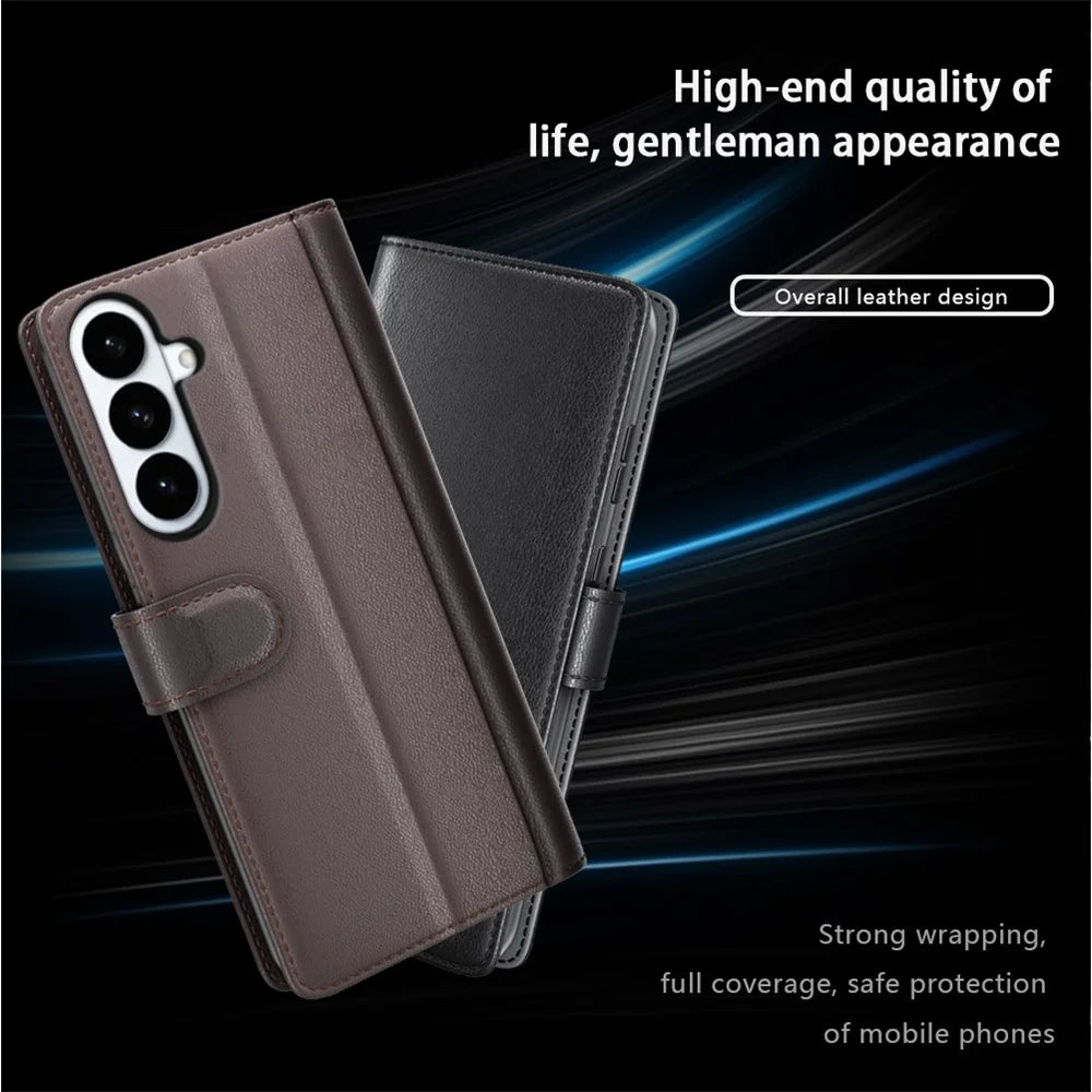 For Samsung Galaxy S26+ Case Genuine Split Leather Phone Cover with Wallet Stand - Brown - 7