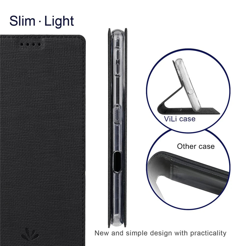 VILI DMX Series for Sharp Aquos Sense 7 Plus PU Leather Stand Card Slots Case Magnetic Absorption Flip Protective Phone Cover - Black - 6
