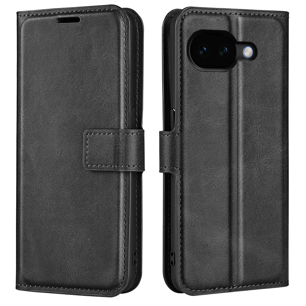 For Google Pixel 10a Stand Case Anti-Scratch Calf Texture Leather Phone Cover - Black - 1