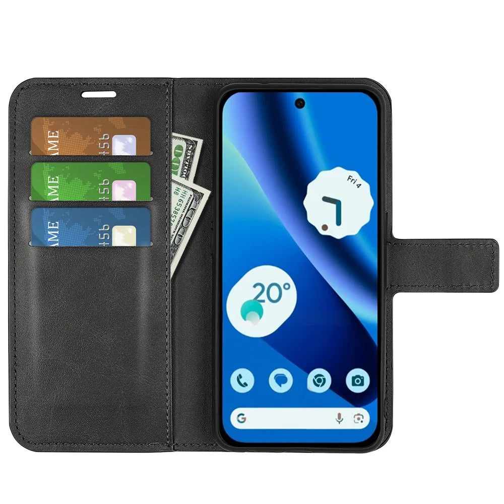 For Google Pixel 10a Stand Case Anti-Scratch Calf Texture Leather Phone Cover - Black - 2