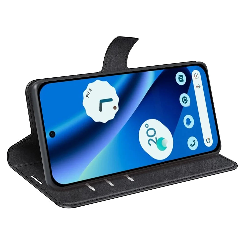 For Google Pixel 10a Stand Case Anti-Scratch Calf Texture Leather Phone Cover - Black - 3