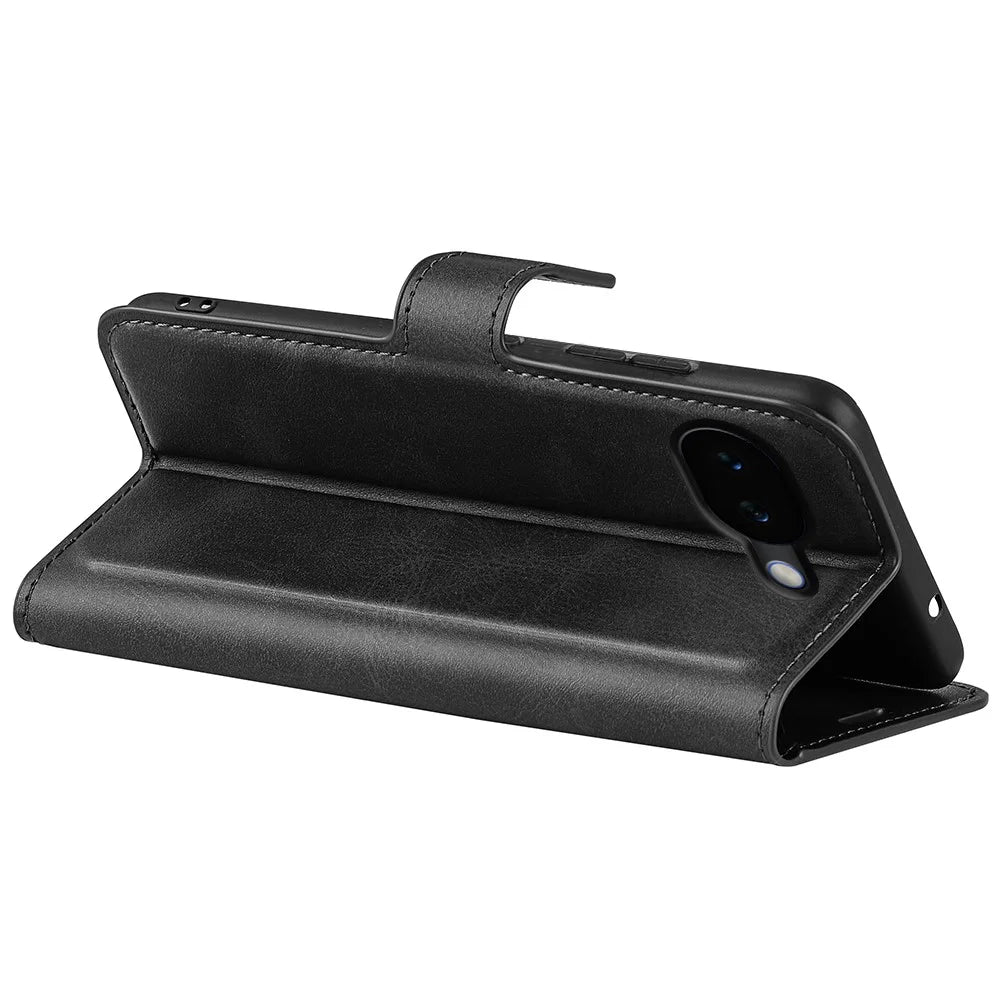 For Google Pixel 10a Stand Case Anti-Scratch Calf Texture Leather Phone Cover - Black - 4