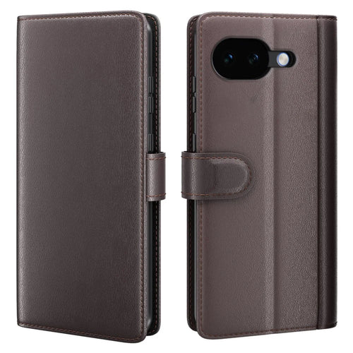 For Google Pixel 10a Case Genuine Split Leather Phone Cover with Wallet Stand - Brown - 1