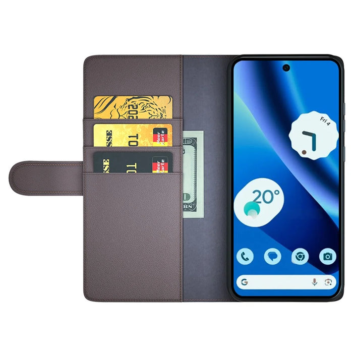 For Google Pixel 10a Case Genuine Split Leather Phone Cover with Wallet Stand - Brown - 2