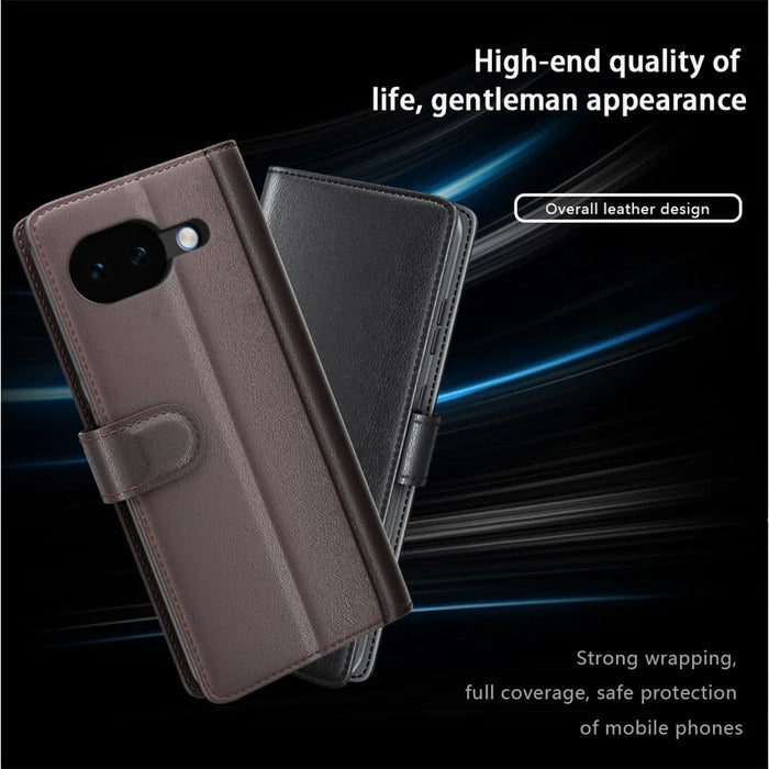 For Google Pixel 10a Case Genuine Split Leather Phone Cover with Wallet Stand - Brown - 6