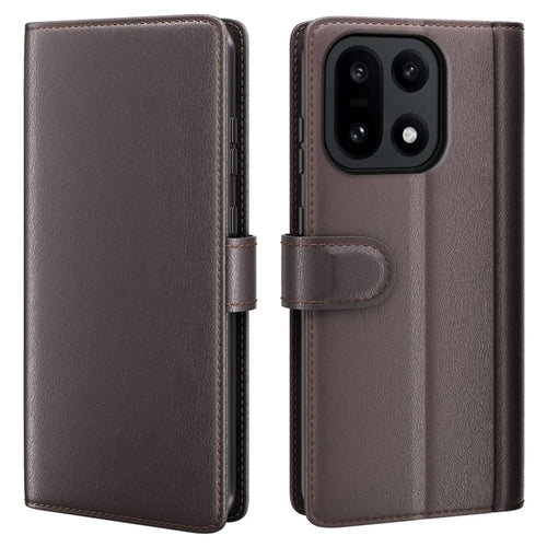 For OnePlus 15 5G Case Genuine Split Leather Phone Cover with Wallet Stand - Brown - 1