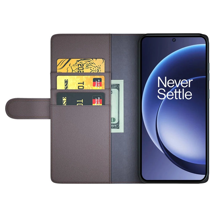 For OnePlus 15 5G Case Genuine Split Leather Phone Cover with Wallet Stand - Brown - 2