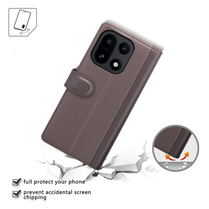 For OnePlus 15 5G Case Genuine Split Leather Phone Cover with Wallet Stand - Brown - 5