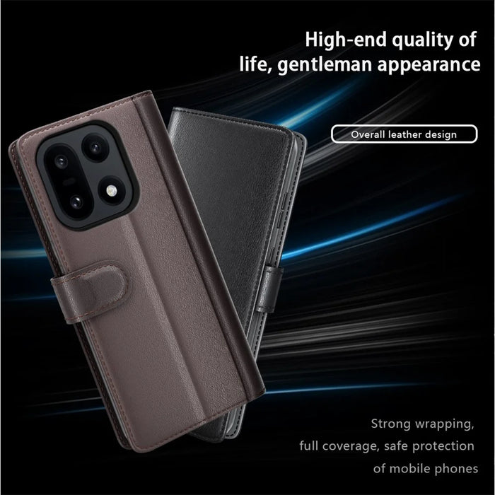 For OnePlus 15 5G Case Genuine Split Leather Phone Cover with Wallet Stand - Brown - 6