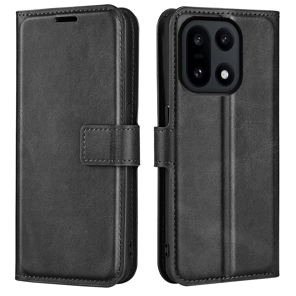 For OnePlus 15 5G Stand Case Anti-Scratch Calf Texture Leather Phone Cover - Black - 1