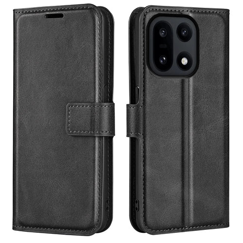 For OnePlus 15 5G Stand Case Anti-Scratch Calf Texture Leather Phone Cover - Black - 1