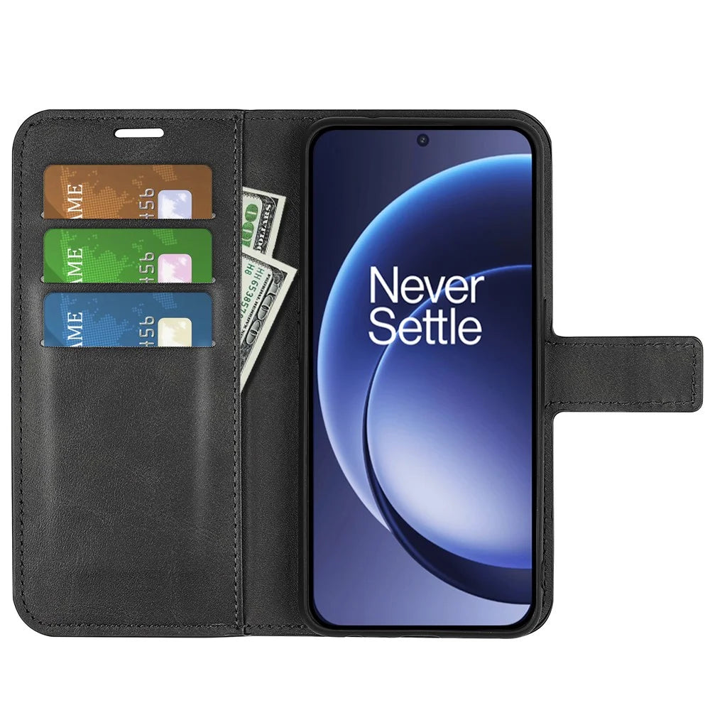 For OnePlus 15 5G Stand Case Anti-Scratch Calf Texture Leather Phone Cover - Black - 2