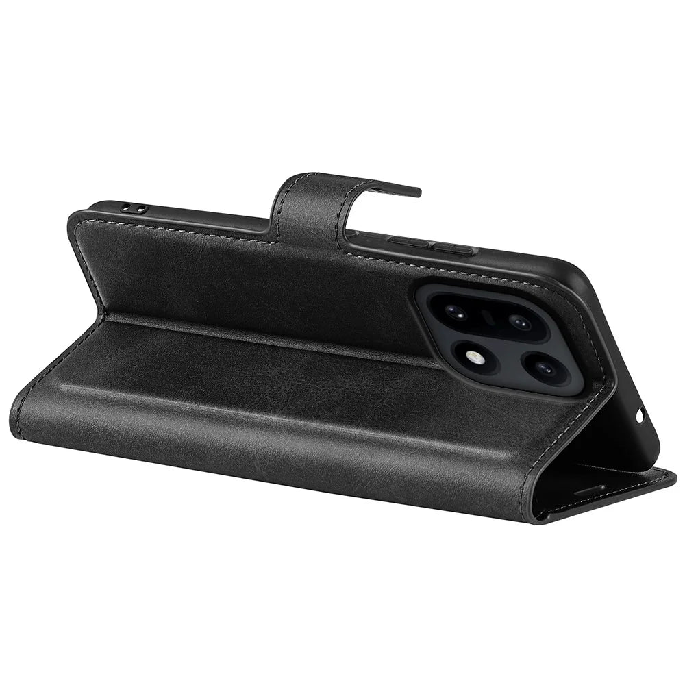 For OnePlus 15 5G Stand Case Anti-Scratch Calf Texture Leather Phone Cover - Black - 4