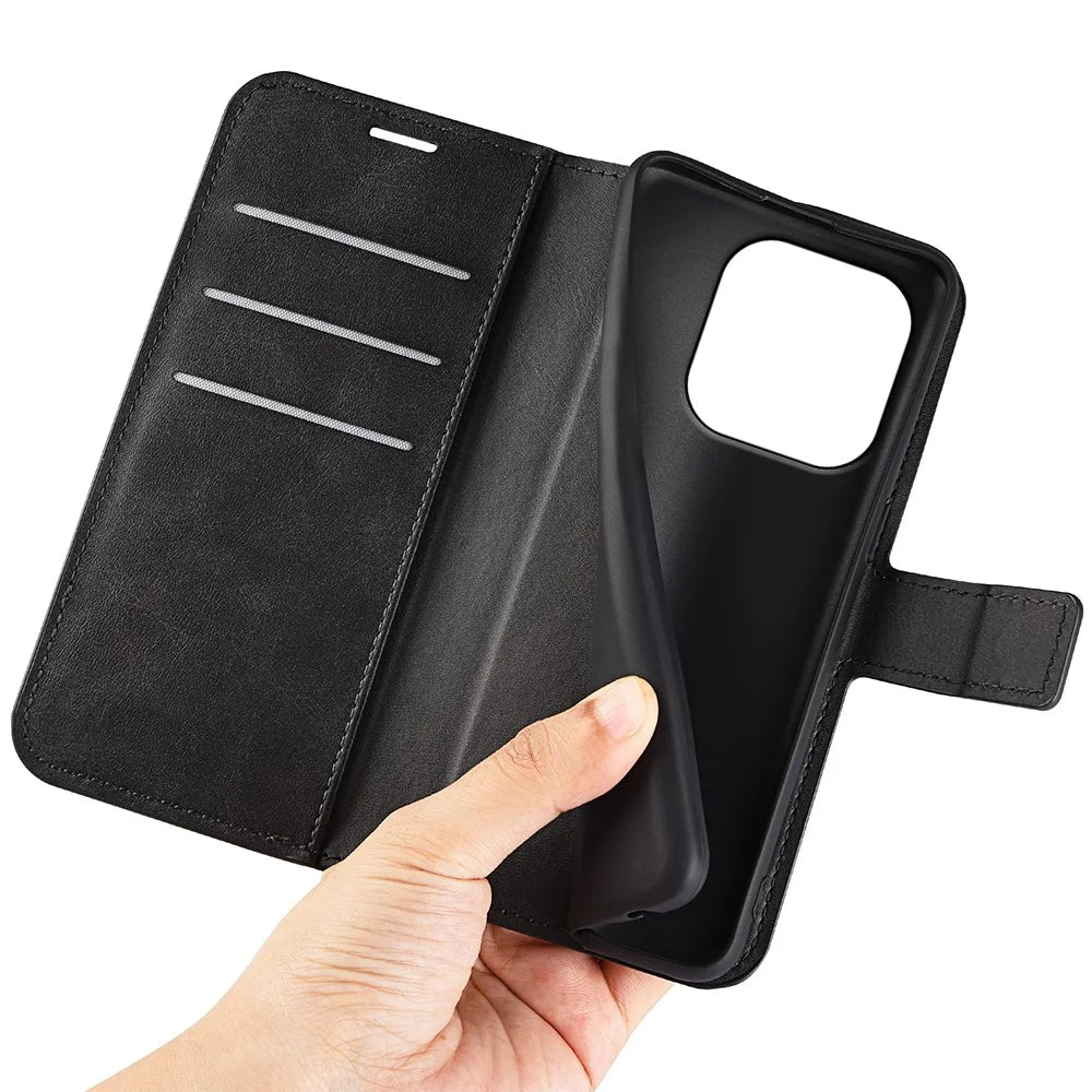 For OnePlus 15 5G Stand Case Anti-Scratch Calf Texture Leather Phone Cover - Black - 5