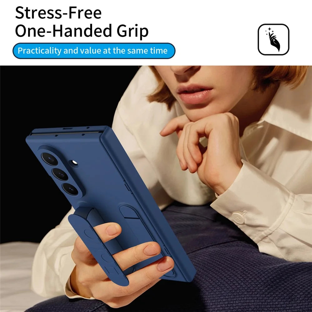 For Samsung Galaxy Z TriFold 5G Case with Tempered Glass Film Silicone Wristband Kickstand PC Phone Cover - Blue - 4