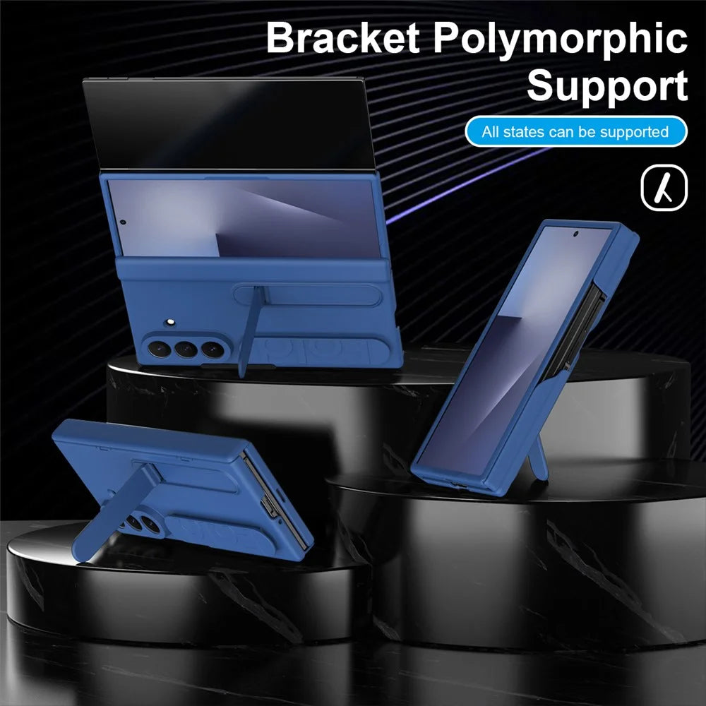 For Samsung Galaxy Z TriFold 5G Case with Tempered Glass Film Silicone Wristband Kickstand PC Phone Cover - Blue - 5