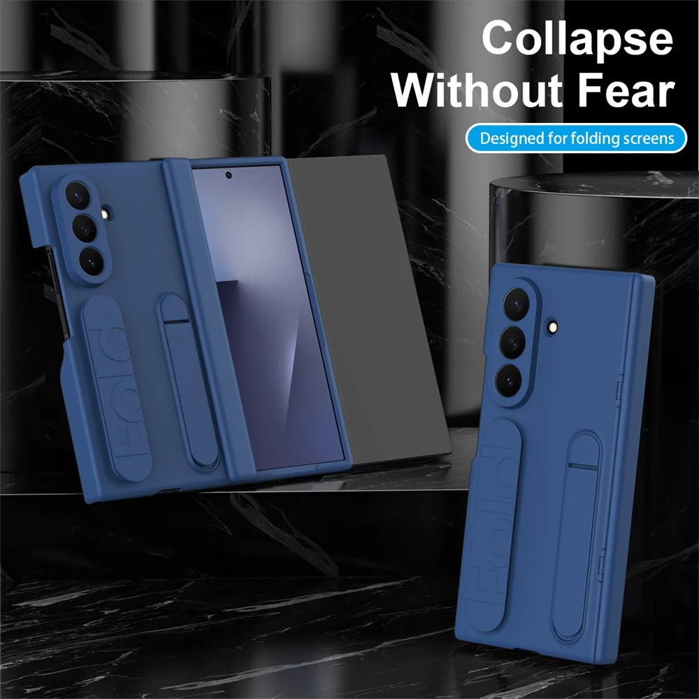 For Samsung Galaxy Z TriFold 5G Case with Tempered Glass Film Silicone Wristband Kickstand PC Phone Cover - Blue - 6