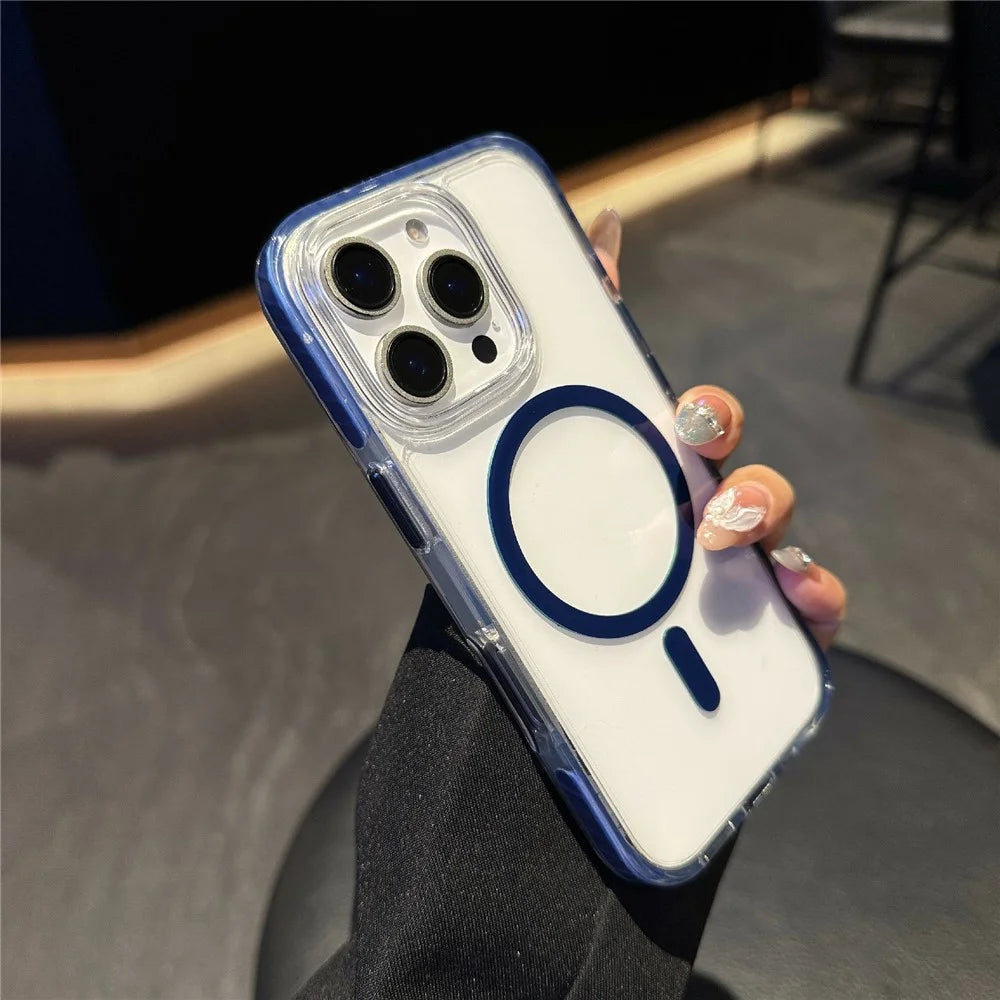 For iPhone 16 Pro Case Compatible with MagSafe TPU PC Clear Phone Cover with Metal Buttons - Blue - 1