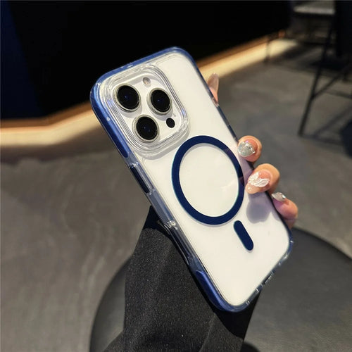 For iPhone 16 Pro Max Case Compatible with MagSafe TPU PC Clear Phone Cover with Metal Buttons - Blue - 1