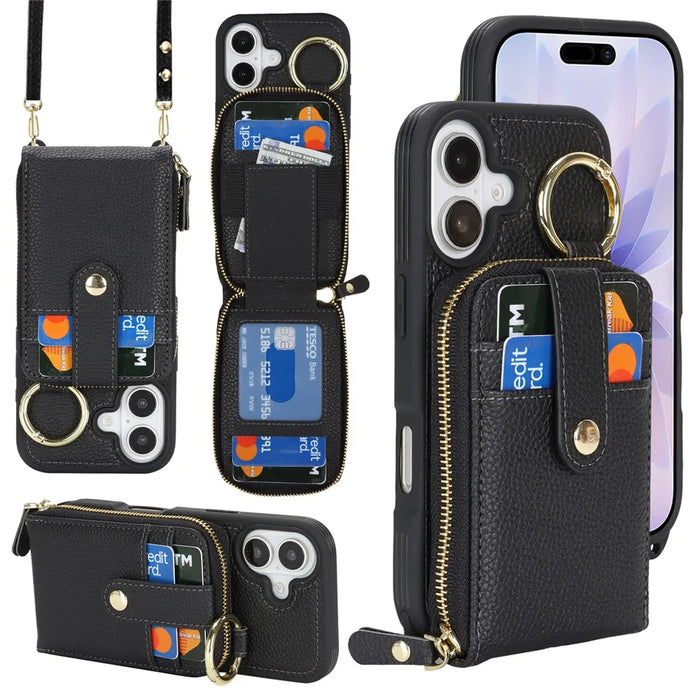 For iPhone 17 Case with Zipper Pouch  /  Ring Kickstand  /  Strap Litchi Texture PU + TPU Phone Cover - Black - 1