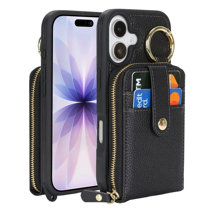 For iPhone 17 Case with Zipper Pouch  /  Ring Kickstand  /  Strap Litchi Texture PU + TPU Phone Cover - Black - 2