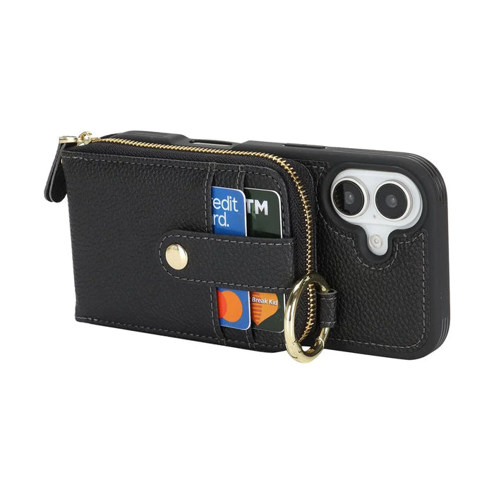 For iPhone 17 Case with Zipper Pouch  /  Ring Kickstand  /  Strap Litchi Texture PU + TPU Phone Cover - Black - 3