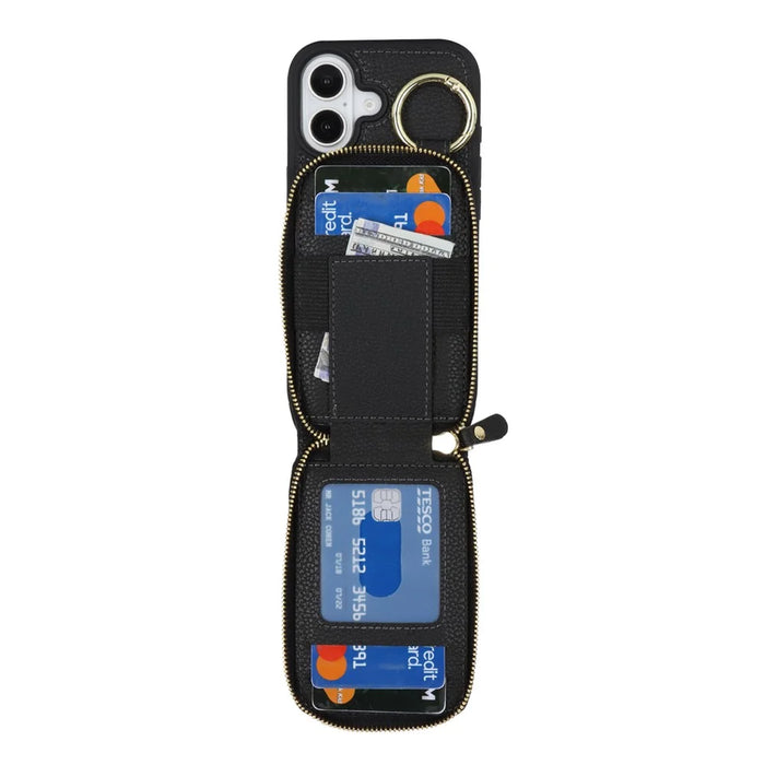 For iPhone 17 Case with Zipper Pouch  /  Ring Kickstand  /  Strap Litchi Texture PU + TPU Phone Cover - Black - 4